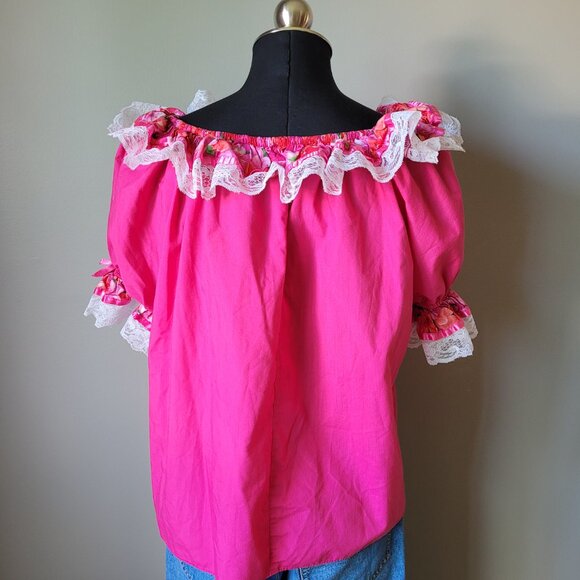 Vintage ruffled pink blouse lace and ribbon trim, Square Dancing Top - Picture 3 of 13